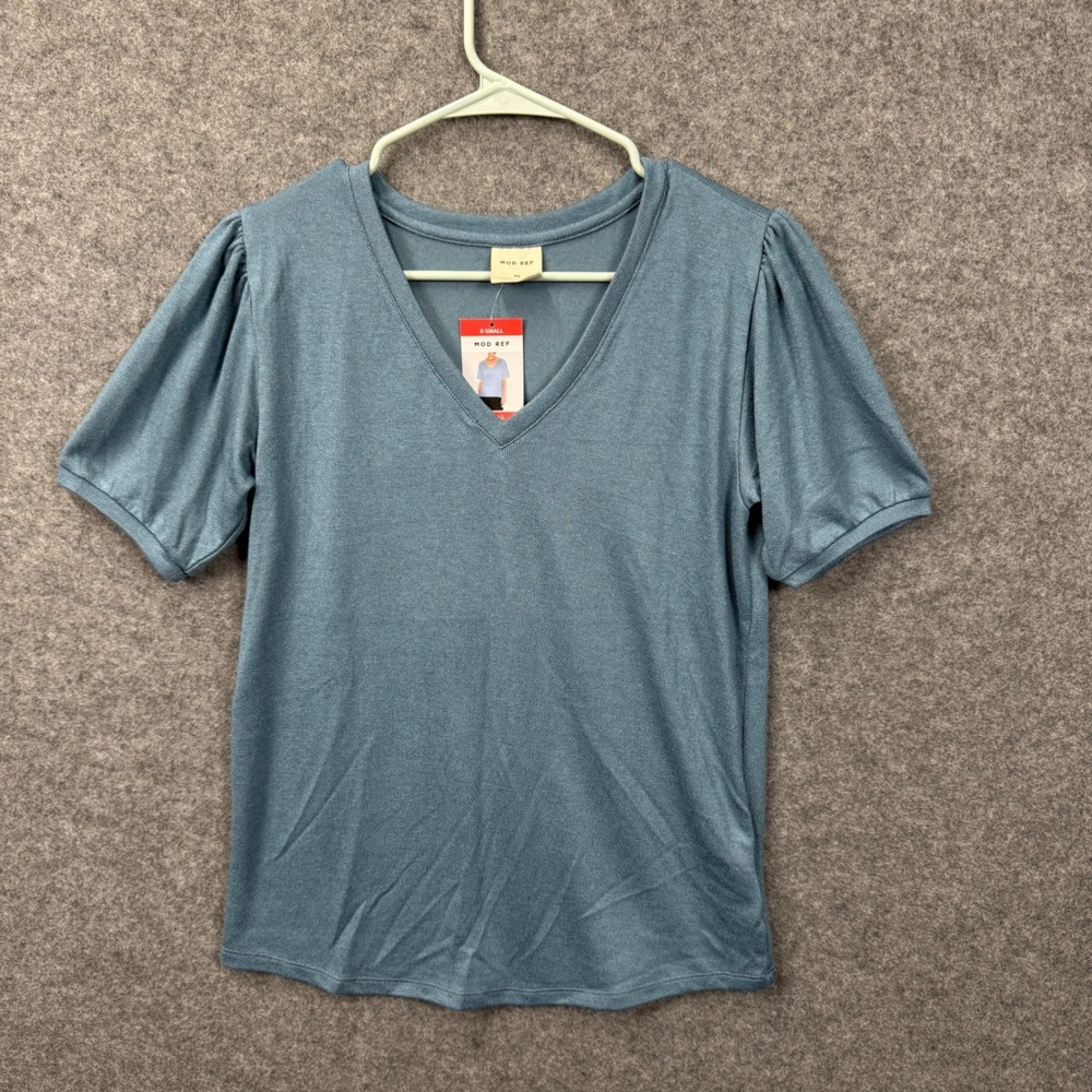 MOD REF Womens V-Neck Puff Short Sleeve Knit Top Heathered Blue XS NWT
